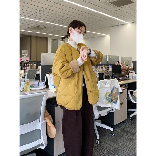 90白鴨絨無領姜黃羽絨服女冬季2025年新款潮小個子短款面包服外套