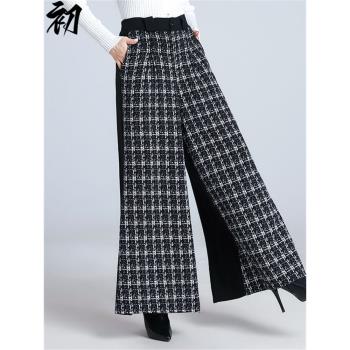 秋冬新款加絨加厚黑色闊腿褲女士時尚寬松顯瘦垂感直筒保暖大腳褲