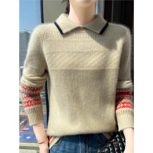 妍度市重磅雙股加厚100%純山羊絨衫女拼花翻領秋冬季毛衣