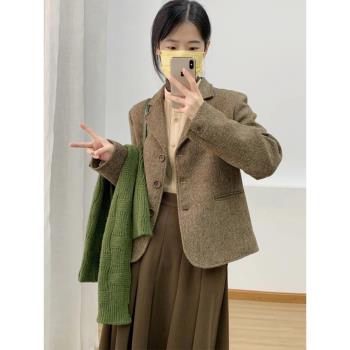 韓系復古棕色西裝毛呢外套女秋冬季新款高階感小個子短款呢子大衣