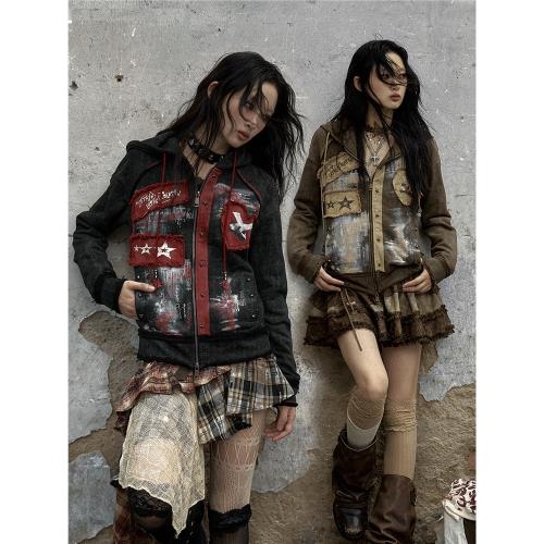 NO ROMANCE 復古暗黑叛逆街頭朋克重工做舊印花短款連帽衛衣外套