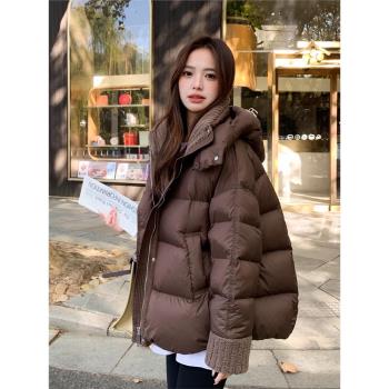 美拉德咖色羽絨棉服女冬2024新款高階感保暖羊羔毛領棉衣短厚外套