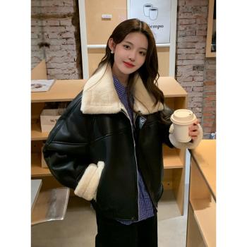 皮毛一體羊羔毛皮衣外套女秋冬季加絨加厚2024新款夾克機車服pu皮