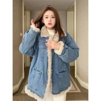 兩面穿羊羔毛牛仔外套女冬季韓版bf休閑寬松加絨加厚棉服派克大衣