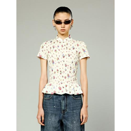 UOOYAA秋季新中式碎花T恤盤扣