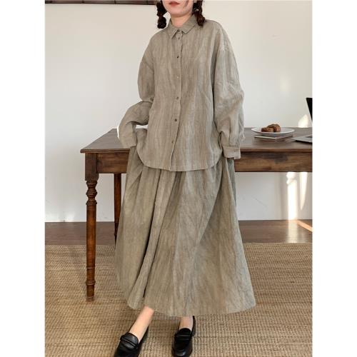 JOENG 設計感日系復古扎染亞麻襯衫半身裙兩件套復古棉麻秋季套裝