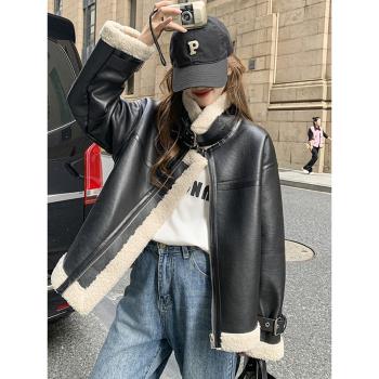 黑色皮毛一體羊羔毛外套女2024冬季新款韓版寬松加厚保暖上衣短款