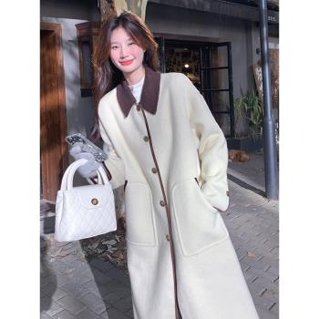 燕麥色拼接翻領雙面呢大衣女小個子保暖氣質長款呢子外套冬季新款