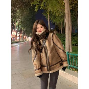 羊羔毛皮毛一體機車服外套女2024冬新款高階感寬松加厚麂皮絨棉服