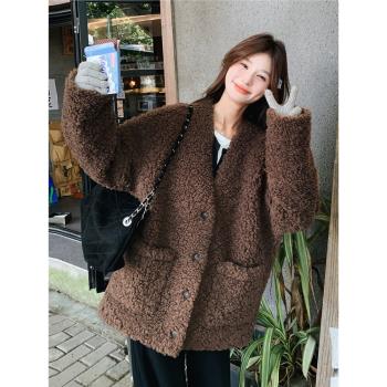 咖色美拉德皮毛一體外套女冬季2024新款60羊毛保暖慵懶羊羔毛棉衣