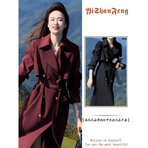 高級感時尚休閑氣質通勤百搭簡約英倫風安哥拉紅中長款風衣外套女