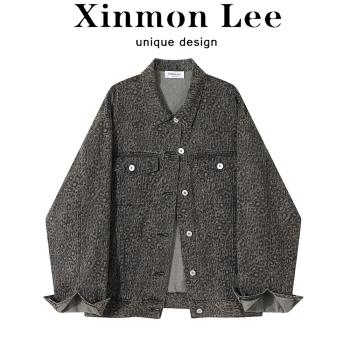 XinmonLee復古POLO領豹紋牛仔外套秋冬氣質休閑寬松夾克設計感