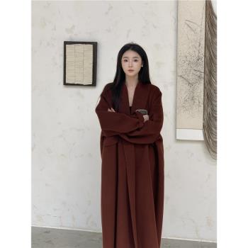 七七慵懶寬松高階感100羊毛大衣秋冬新款青果領安可拉紅毛呢外套