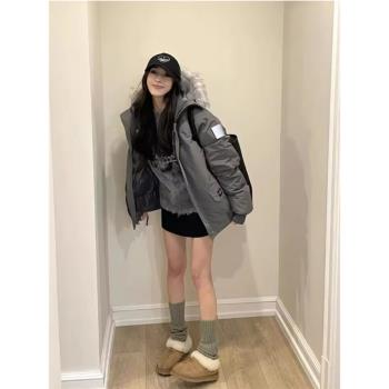 美式復古灰色派克服大毛領羽絨棉服冬季設計感加厚保暖棉衣外套女