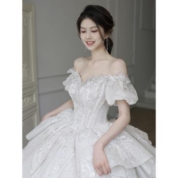 一字肩法式婚紗2024新款新娘禮服主紗高級質感小個子孕婦輕大碼冬