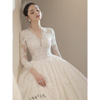 新娘主婚紗2025新款長袖高級質感孕婦法式輕紗小個子大碼簡約輕便