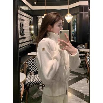 白色拼接袖子羽絨棉服女2024年秋冬新款韓版外套毛衣拼接鴨絨上衣