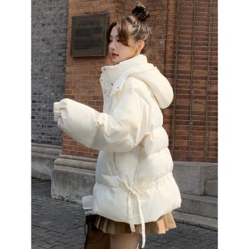 羽絨服女冬季新款加厚2024短款連帽收腰白鴨絨外套流行工裝麵包服