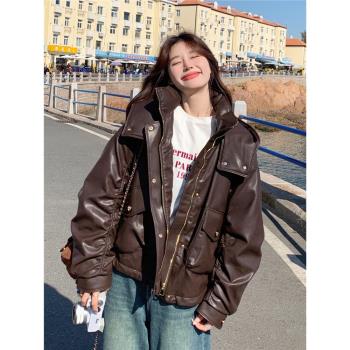 咖色PU皮連帽羽絨服冬季女2024新款小個子設計感加絨90白鴨絨外套