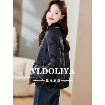 VLDOLIYA黑色小香風短款羽絨服女輕薄時尚氣質拼接POLO領冬季外套