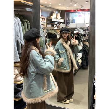 復古毛毛拼接牛仔羊羔毛外套女秋冬季2024新款高階感加厚棉衣棉服