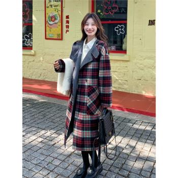 紅色格子連帽雙面呢大衣冬季女2024新款寬松高階感中長款羊絨外套