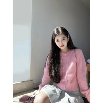 TIDE STUDIOS 韓系甜美粉色針織開衫女秋冬彩扣圓領減齡氣質上衣