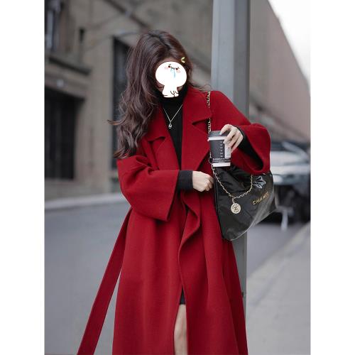 梅子【唐頓2.0】紅色大衣浴袍外套女秋冬款高級感羊毛羊絨雙面呢