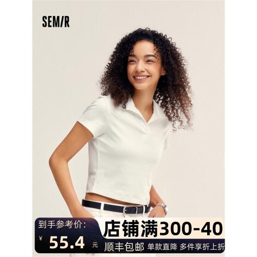 [商場同款]森馬POLO衫女短款純色百搭2024夏季修身基礎款上衣