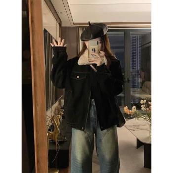 黑色復古毛領牛仔羊羔毛外套女冬2024新款設計感加厚寬松棉衣棉服