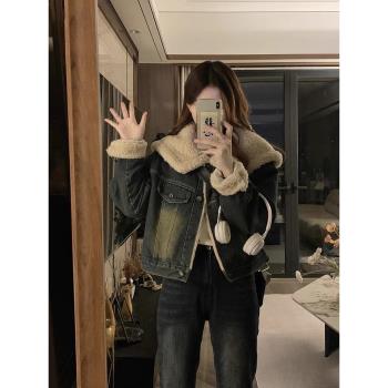 復古做舊羊羔毛牛仔外套女秋冬2024新款高階感小個子加厚棉服棉衣