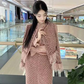 小香風半身裙羽毛流蘇粗花呢外套