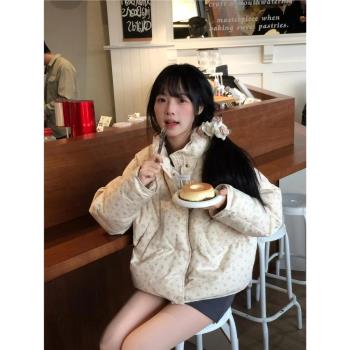 立領碎花羽絨棉服女冬季2024新款小個子寬松休閑加厚保暖棉衣外套