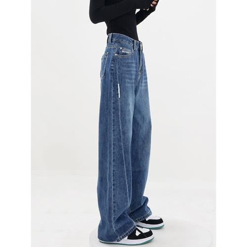 Canary Kiss藍色高腰直筒牛仔褲女春秋新款寬松顯高顯瘦闊腿褲子