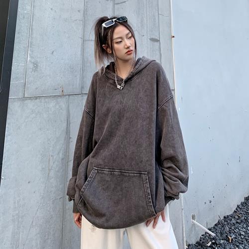 美式復古洗水做舊重磅毛圈衛衣連帽衫歐美潮牌oversize寬松外套女