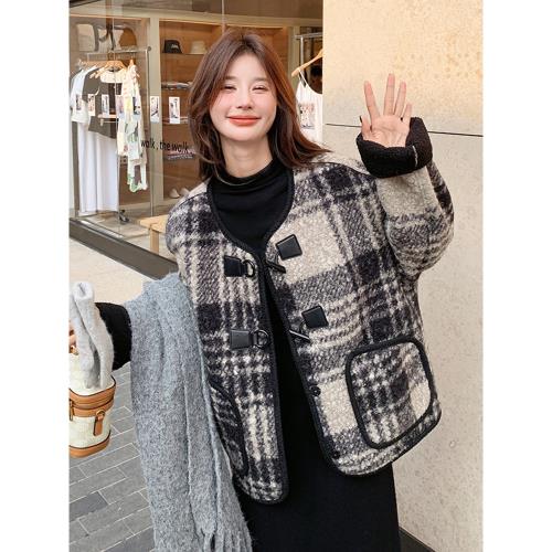 牛角扣圈圈呢格子羊羔毛外套女2025秋冬韓系超好看小個子毛呢大衣
