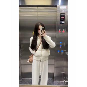 拼接白色立領袖子針織棉服羽絨