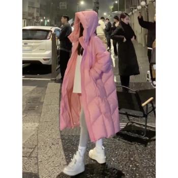 粉色連帽寬松加厚保暖長款羽絨服