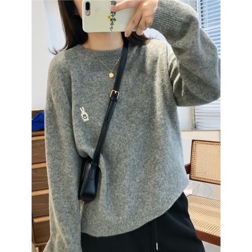春季加厚羊毛刺繡寬松套頭圓領毛衣女2025新款韓版疊穿針織衫上衣