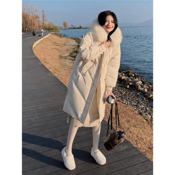 MJAE中長款白色羽絨服女2024年冬季新款今年流行氣質連帽加厚外套