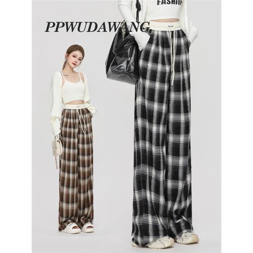 PPWUDAWANG格子高腰直筒休閑褲子女春秋季新款慵懶風寬松闊腿長褲