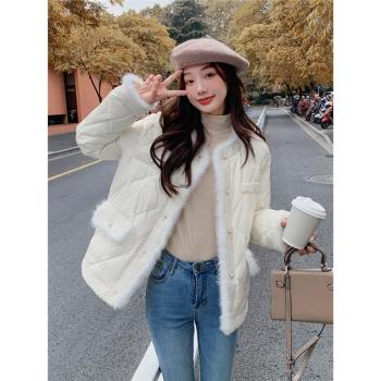 MJAE白色小香風菱形格羽絨服女2024年冬季新款短款水貂毛拼接外套