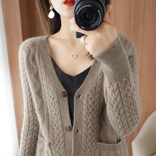 25秋冬新款羊絨開衫女V領麻花編織帶兜毛衣純羊毛外套羊毛針織衫
