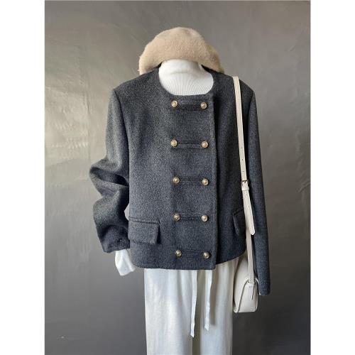 2024秋冬新款小香風炭黑色雙面羊絨大衣小個子短款羊毛呢子外套女