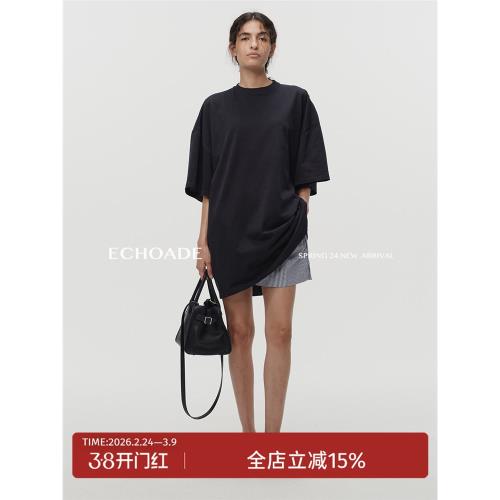 ECHOADE精致小圓領Oversized落肩設計大廓形短袖時髦精T恤連衣裙
