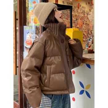 拼接短款設計感立領PU皮衣羽絨服