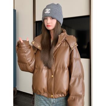 短款高階感炸街免洗PU皮衣羽絨服