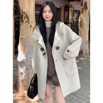 2024年冬季小個子連帽毛呢外套女韓版設計感寬松時尚雙面羊絨大衣