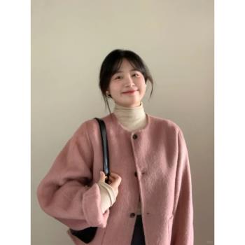 粉色短款高階感慵懶風呢子大衣