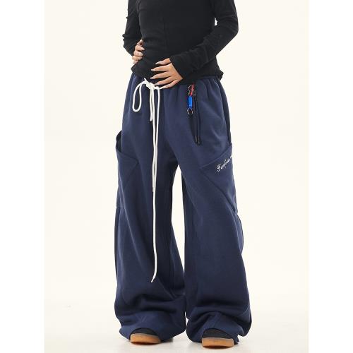 美式街頭綁帶設計感重磅加絨衛褲冬女百搭垂感直筒闊腿彎刀休閑褲